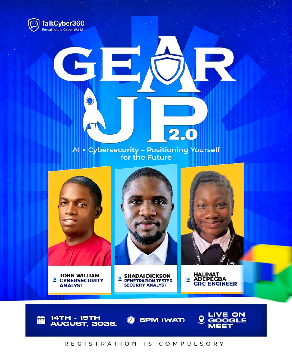 HalimatAdepegba's tweet photo. I'm going to be speaking at Gear Up 2.0: AI × Cybersecurity — Positioning Yourself for the Future!🤖

📅 Aug 14–15 | 🕕 6PM WAT
Join us! 👇🏽
Registration is compulsory 
🔗 [https://t.co/wSXWnAJdOP] https://t.co/zvmuvAYcp1