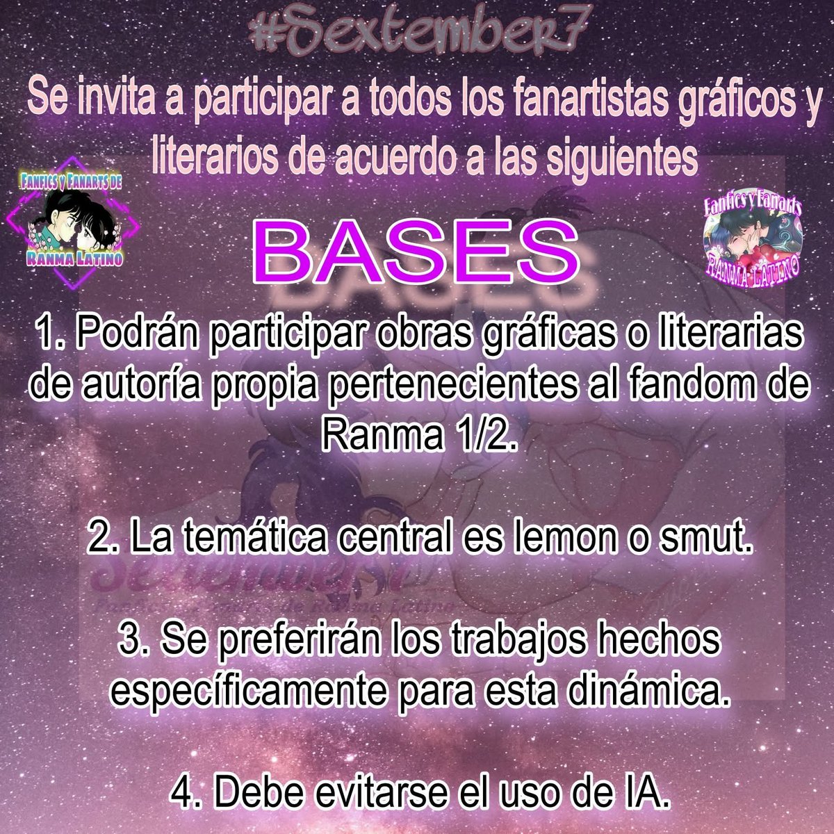 FyFRanmaLatino's tweet photo. ⭐️ Atentos todos los artistas del fandom de Ranma 1/2 ⭐️

Con mucha emoción, les extendemos una invitación a los fanartistas (gráficos y literarios) para participar en nuestra exclusiva dinámica 

 🫦 #Sextember7 🫦

Bases a continuación: 

#FyFRL #Sextember7 https://t.co/tDh8rs9qd8