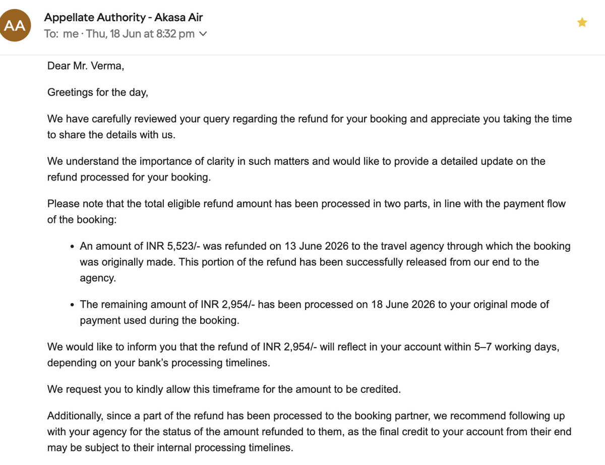 HarendraVerma11's tweet photo. @AkasaAir @airsewa_MoCA  My refund has been pending since 18 June 2026. Despite repeated follow-ups, I have received neither the refund nor a satisfactory resolution—only repeated requests to “wait” and thank-you messages.
I have already provided the required bank statement. https://t.co/NjfnnIf1Q4