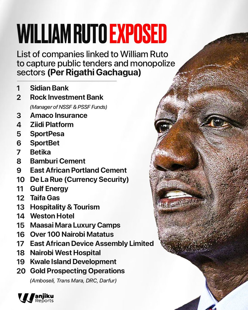 WanjikuReports's tweet photo. List of companies linked to William Ruto to capture public tenders and monopolize sectors. (Per Rigathi Gachagua) https://t.co/UBsigxjvte
