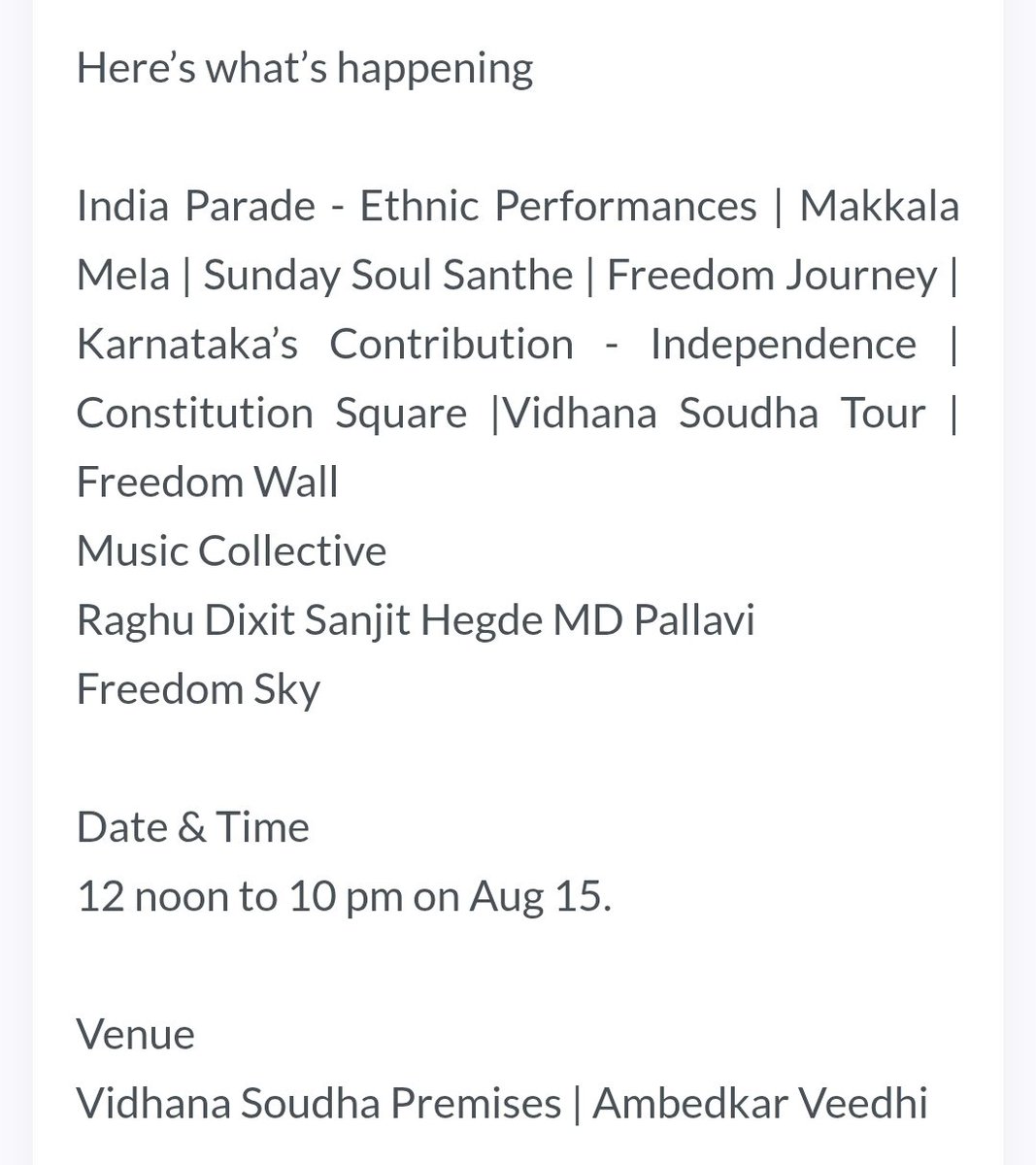 Appu_Jeevi's tweet photo. Freedom Habba - Celebrate Independence at Vidhan Soudha 🇮🇳❤️
Special attraction: Vidhana Soudha Tour ( Entry Free but registration is mandatory )💥
Registration Link 🖇️ https://t.co/1yMA08znt7
#FreedomHabba #IndependenceDay #August15th #Bengaluru #Karnataka https://t.co/5A7frpddlC