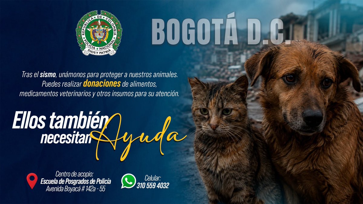 CarabinerosCol's tweet photo. ¡BOGOTÁ, YA TENEMOS CENTRO DE ACOPIO! 🐾💙

Nuestros Carabineros están listos para recibir sus donaciones de alimentos y medicamentos para ayudar a los animalitos afectados por el sismo. 🐶🐱

📍Avenida Boyacá #142A-55 en el norte de Bogotá.

¡Los esperamos! https://t.co/PJtnawpMKG