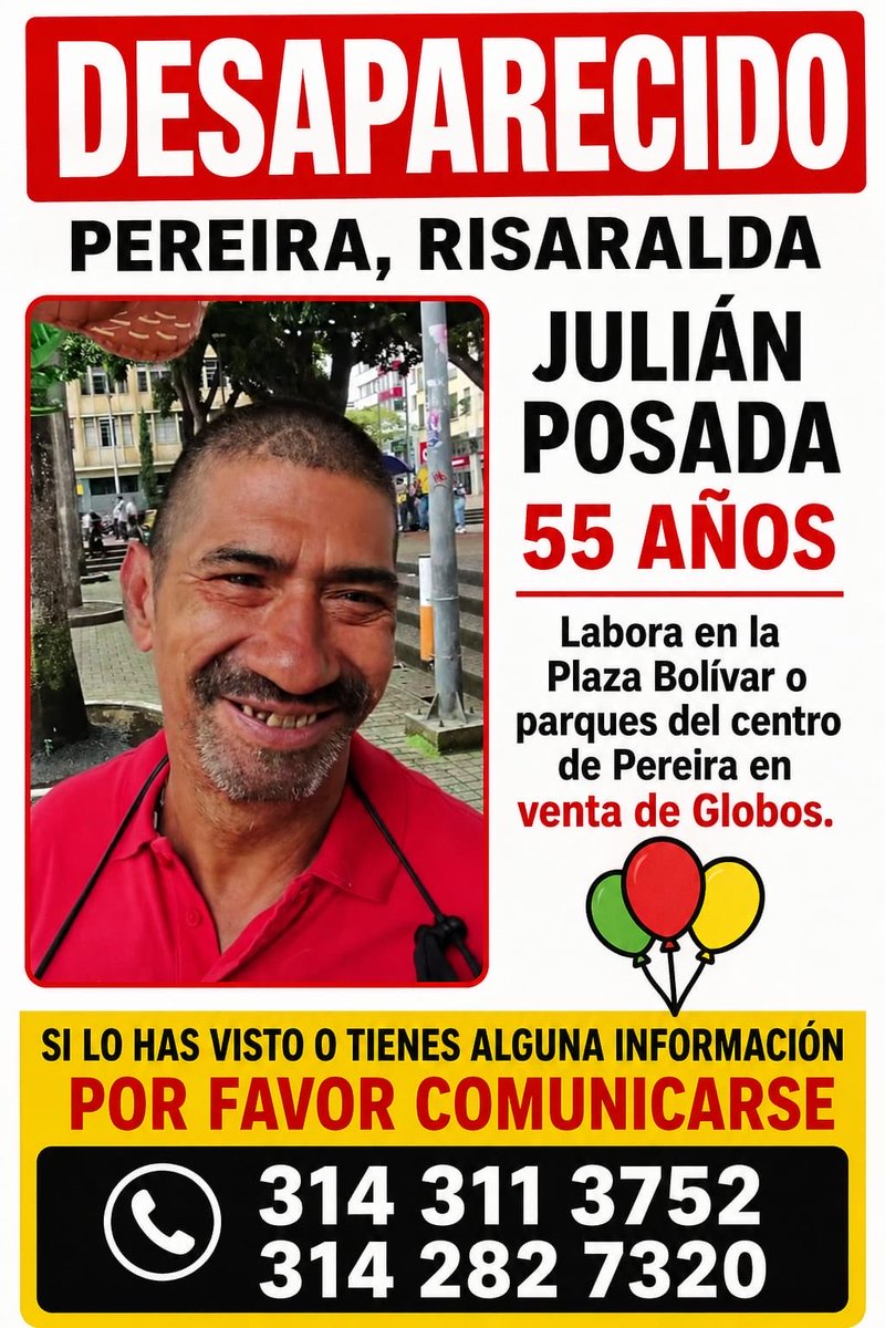 gabocifuentes's tweet photo. Familiares del señor Julián Posada me reportan que está desaparecido en la ciudad de Pereira. Me ayudan a difundir? 🙏🏻 https://t.co/sRWoEr8u8p
