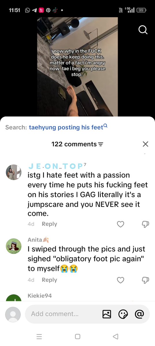 nanalienn01's tweet photo. @layovermoods taehyung gets drag again just for posting his feet pic in ig...they can just skip it dho🙄 https://t.co/0ARntCExco