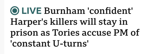 crimlawuk's tweet photo. Word to the wise, Andy.

No politician ever came out well of trying to directly influence criminal cases as a political stunt.

Whether you succeed or not, you will have already undermined the office you occupy.

There are laws in place to test and challenge the release of PC Harper's killers.

They were convicted of manslaughter for an awful and heartbreaking and fatal act, at the age of 17.

The jury found them not guilty of murder.

The jury accepted there was no intent to kill or even to cause really serious harm.

Murder, manslaughter or negligence - the consequences for PC Harper do not change.

The consequences for his family do not change.

I have listened to and heard their agony and their call for a longer period in prison.

Their anger and their frustration and their agony and their loss is palpable.

As a father and a son the loss of either my dad or - especially - my sons is beyond imagination, gut wrenching, visceral.

But those emotions, and the headlines they create, should not influence the course of justice.

Hard cases make bad law.

High profile cases make even worse law.

For a crime of criminal and deadly recklessness, not of cold-blooded murder, sentences of 13 years on children were extremely severe.  An adult would have got 20 years plus, even for manslaughter.

The system was not "soft".

The law was followed to the letter.

The early release scheme is a public good and should not be disrupted by an understandable desire of the new PM to be on the right side of a politically volatile issue.

Have some courage.

Have some substance.

Have some gravitas.

Have some longevity.

Tell the truth.

I urge you to say this on the steps of Number 10...

"This is an awful case and the pain of the Harper family is unimaginable, raw and is a life sentence for them with no opportunity of parole, ever.  As it would be for any of us, faced with such criminal and wanton acts, leading to his death.

But if I were to stick my nose into or - worse - try to influence an individual criminal case, where would that end?

Should I decide when everyone goes to or gets out of prison?  Myself?

Just because I lead the largest party in parliament?

Of course not.

That would be an abuse of my office, whether I did it for PC Harper's family or anyone else.

There are laws.  They can be challenged in court.

These decisions are made for reasons and overturning them because I personally disagree with this decision would be the worst kind of aura farming (look it up).

For me to ignore the rule of law would be an insult to PC Harper, who died for all of us, upholding the rule of law, not finding a way to cheat it, as I am being asked to do.

I invite PC Harper's whole family to come to Downing Street, for a meeting, where I will listen anything you want to say, about the sentence or the early release or why PC Harper died.

But I cannot and will not try to overrule the due process of law, just to be a bit more popular.

Andy Burnham, Prime Minister"