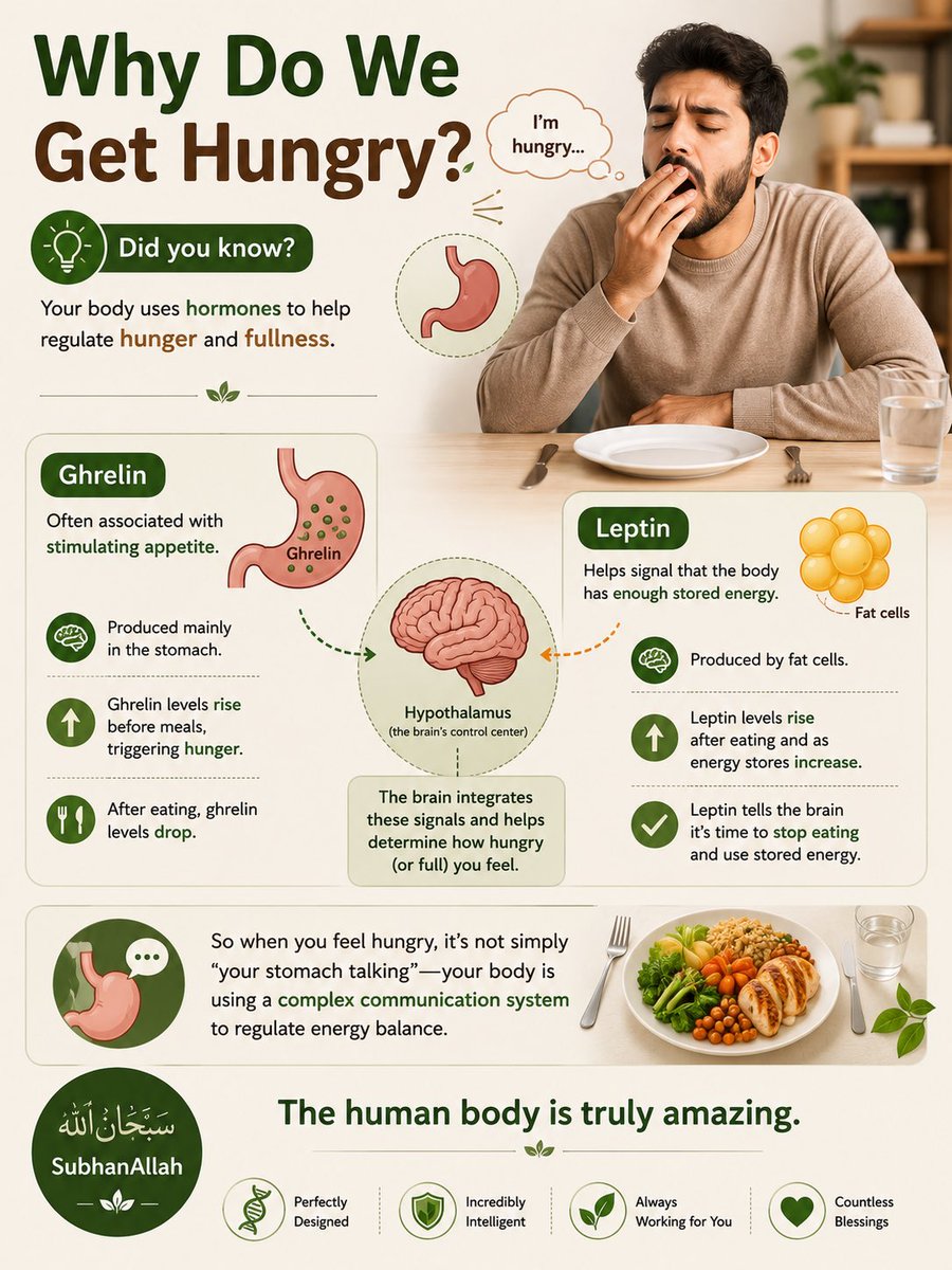 muhishat's tweet photo. Why Do We Get Hungry?

Did you know?
Your body uses hormones to help regulate hunger and fullness,one important hormone is GHRELIN which is often associated with stimulating appetite another LEPTIN helps signal that the body has enough stored energy.

So when you feel hungry,it is not simply your stomach talking,your body is using a complex communication system to regulate energy balance.
SubhanAllah,the human body is truly amazing.