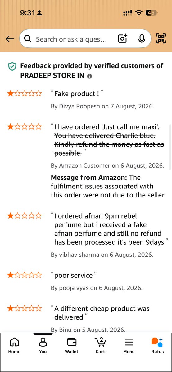 KaravTheMonk's tweet photo. And then I checked the seller. 29% positive, 2.1/5 rating, with multiple recent verified reviews alleging fake/different products.

My order? 3 units ordered. 1 wrong-brand unit received.
@amazonIN, at what point does “policy” become an excuse to avoid accountability? https://t.co/pkGWEAozHD