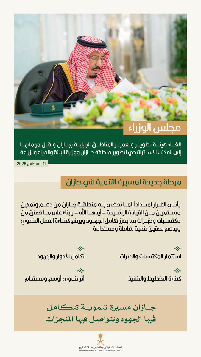 JazanSDO's tweet photo. #مجلس_الوزراء: إلغاء هيئة تطوير وتعمير ال��ناطق الجبلية بجازان، ونقل مهماتها إلى المكتب الاستراتيجي لتطوير منطقة جازان ووزارة البيئة والمياه والزراعة. https://t.co/KOD8SJmmHG