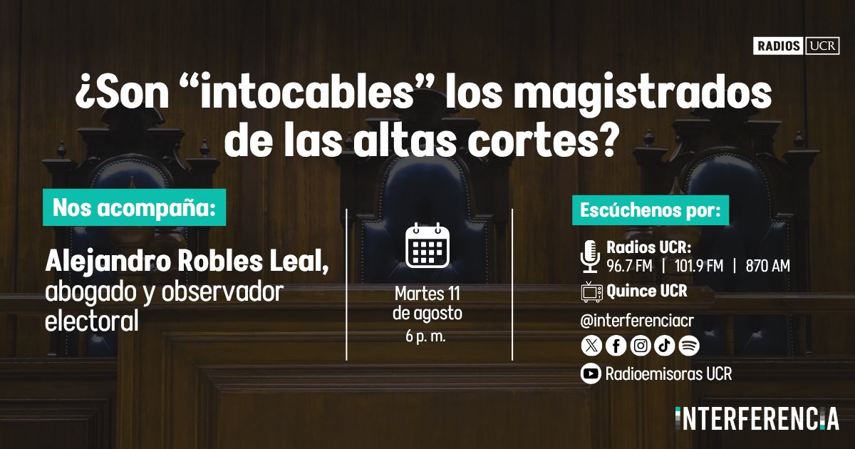interferenciacr's tweet photo. ¿Ante quién y cómo pueden rendir cuentas quienes administran justicia? Hoy en #Interferencia hablaremos de los parámetros democráticos para elegir, reelegir y también destituir a jueces de altas cortes. #RadiosUCR https://t.co/20Ouedhow8