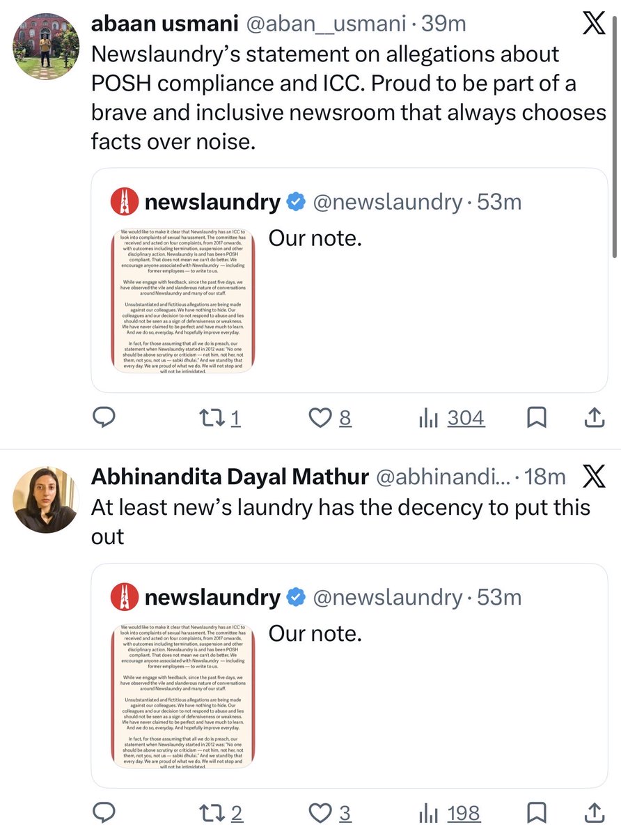 Iyervval's tweet photo. As per NL employee, folks complaining about harassment (including sexual) at work is “backstabbing”. Meanwhile staff &amp; friends have been whatsapped to tweet how “proud” they are about working for a repeat rape-enabler. https://t.co/QO4tJDl6H4