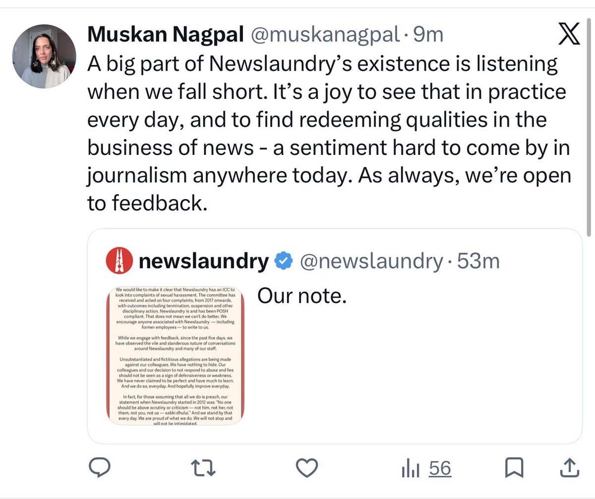 Iyervval's tweet photo. As per NL employee, folks complaining about harassment (including sexual) at work is “backstabbing”. Meanwhile staff &amp; friends have been whatsapped to tweet how “proud” they are about working for a repeat rape-enabler. https://t.co/QO4tJDl6H4