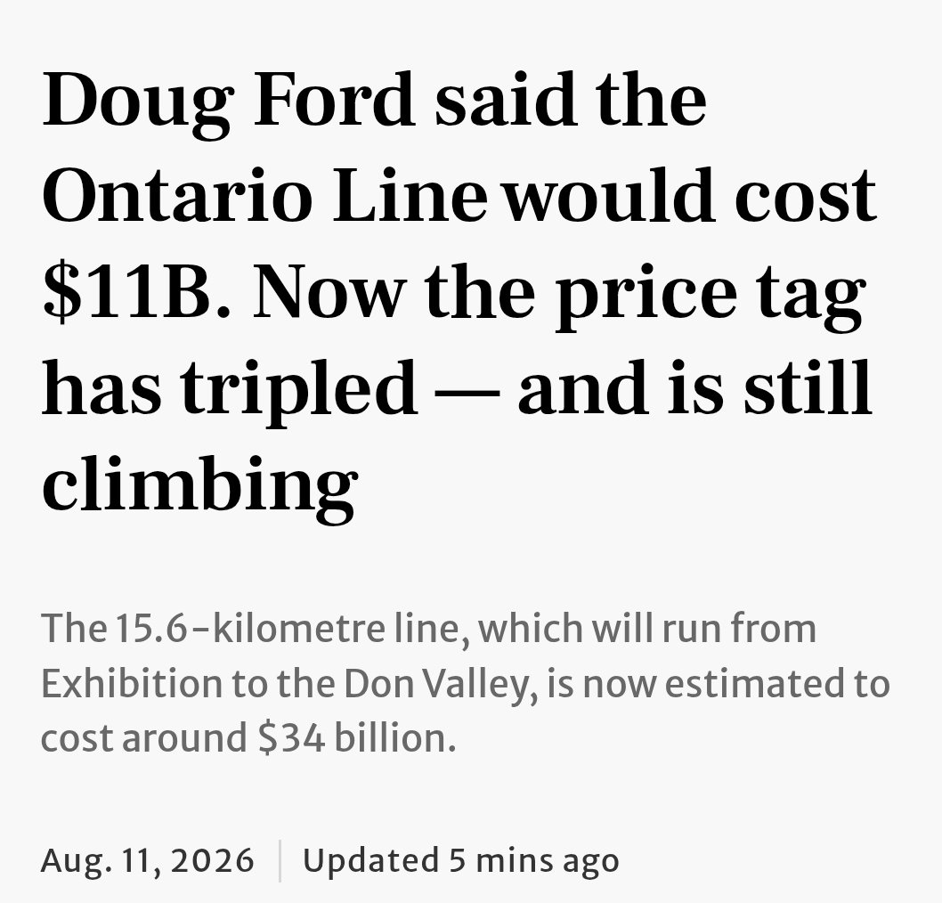 Freire1Pb's tweet photo. Watch. Ford billed Ontarians $34B for 15.6-km, Ontario Line 3 without an opening date after he said, "The fact is we can get (Ontario Line) done for ($11B). Infrastructure Ontario &amp; Metrolinx have a track record delivering projects on-time &amp; on-budget."
https://t.co/nmhoCjeEC1 https://t.co/ISCATRC0Ei