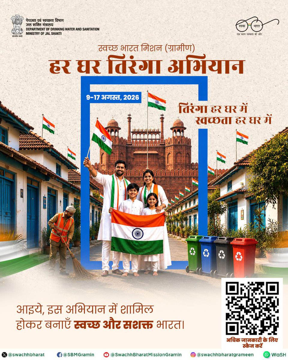 CRPaatil's tweet photo. प्रधानमंत्री श्री @narendramodi जी के आह्वान पर ‘हर घर तिरंगा अभियान’ आज राष्ट्रगौरव के साथ जनभागीदारी का सशक्त प्रतीक बन चुका है। 🇮🇳

स्वच्छ भारत मिशन (ग्रामीण) के साथ इस अभियान से जुड़कर आइए, अपने घर पर गर्व से तिरंगा फहराएं और स्वच्छता को अपने जीवन का संस्कार बनाएं।

#HarGharTiranga #SwachhBharat #SBMGramin #SwachhBharatMission #JaiHind