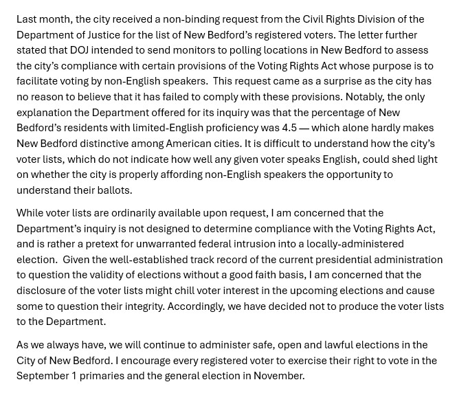 NewBedford_MA's tweet photo. Mayor Mitchell issued the following statement on the non-binding federal request for New Bedford voter information. https://t.co/VLonWIDNE4
