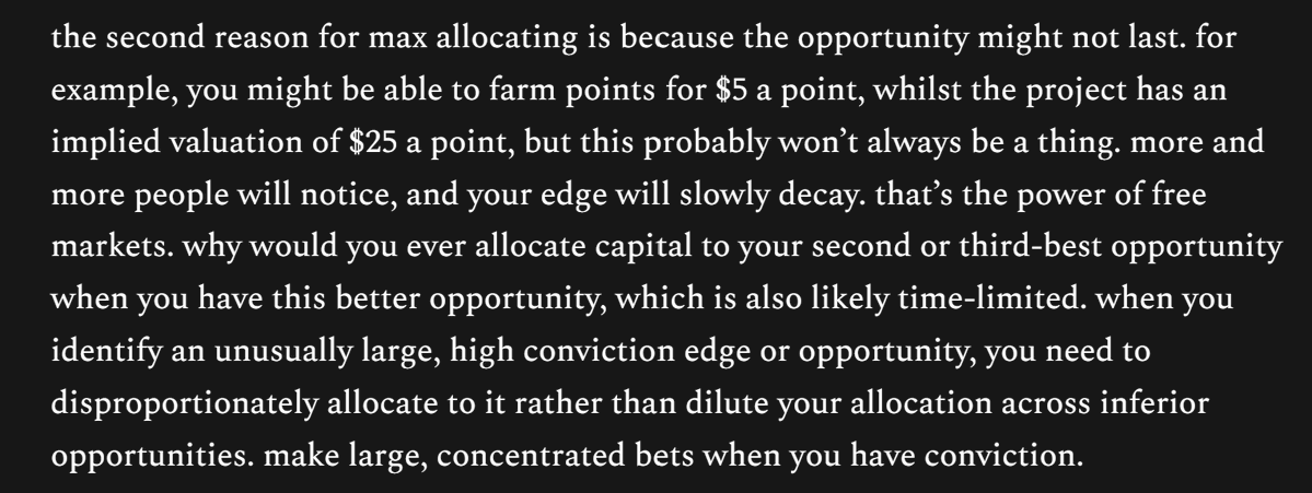 Route2FI's tweet photo. A good read on edge in crypto.

When you have a hot hand (asymmetric opportunity), go more or less all in. Like, why would you allocate money into your 5th best idea? 

Back in 2021, and 2023-2024, I more or less sacrificed my health in order to make it. I wasn't working out, barely left the house, and didn't pay attention to my gf. I was selfish, but I saw this as an opportunity that had a tight window, like if these easy conditions would never come back.