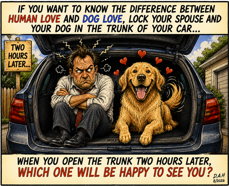 CassandraCurse_'s tweet photo. WANT TO KNOW THE DIFFERENCE BETWEEN HUMAN LOVE AND DOG LOVE?👇

Which one will STILL be happy to see you after 2 hours locked in the trunk?

Check out more cartoons like these at https://t.co/IrZts1VqdV!

#dogslife #cartoons #LifeThoughts https://t.co/4Uozyh9CI9