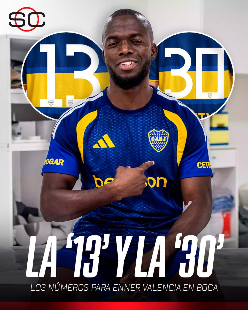 SC_ESPN's tweet photo. 🔢 ¡NÚMEROS CONFIRMADOS PARA ENNER VALENCIA EN BOCA! El ecuatoriano utilizará el 13 a nivel local (se lo ofreció Javi García) y a nivel internacional será inscrito con la 30.

ℹ️ @MonroigDiego https://t.co/voR9GoXteG