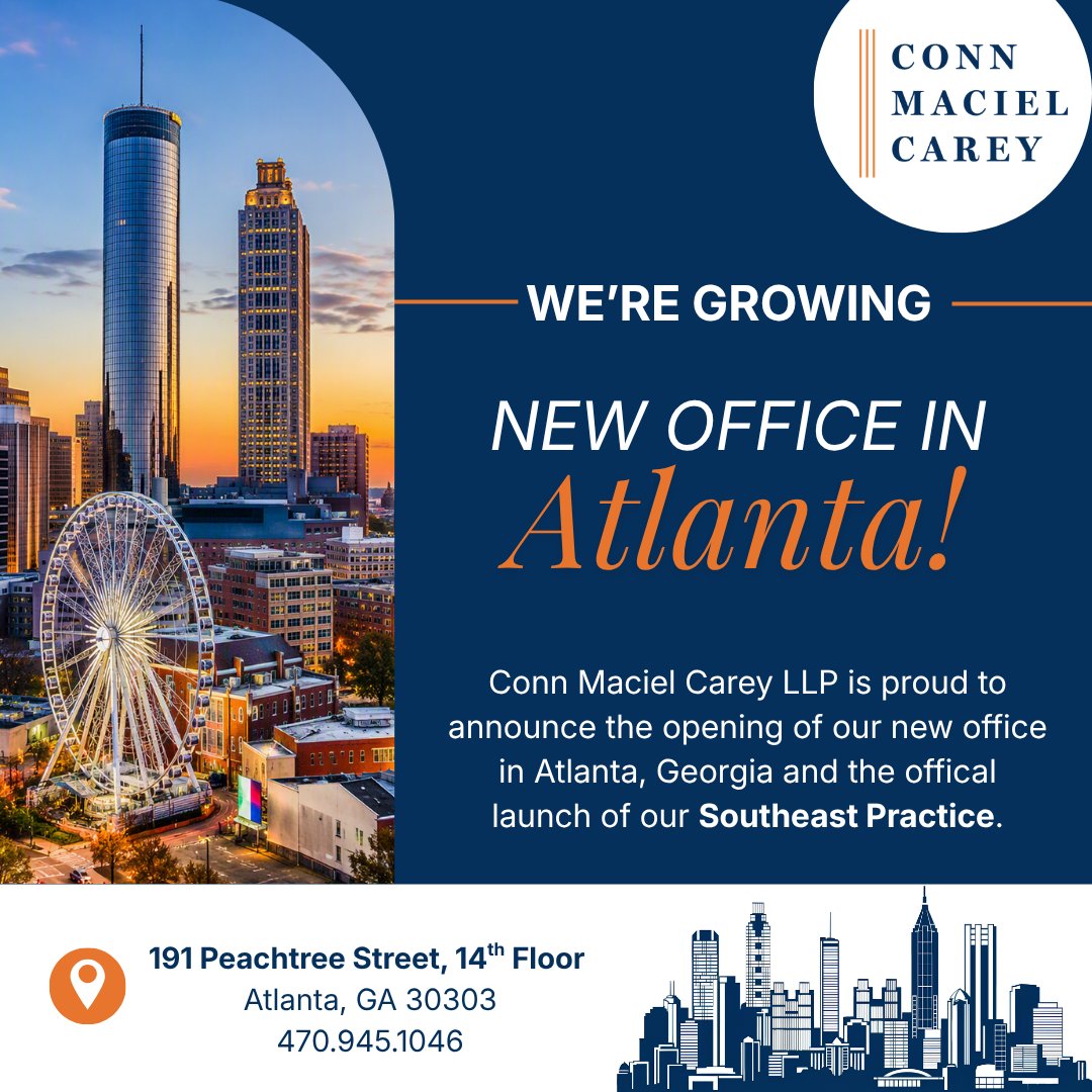 ConnMaciel_LLP's tweet photo. CMC is proud to announce the opening of its new Atlanta office and the official launch of its Southeast Practice, strengthening the firm's ability to serve employers across one the country. 

Read the full press release here:  https://t.co/8V4OeueGLv https://t.co/TCEC2fUJSj