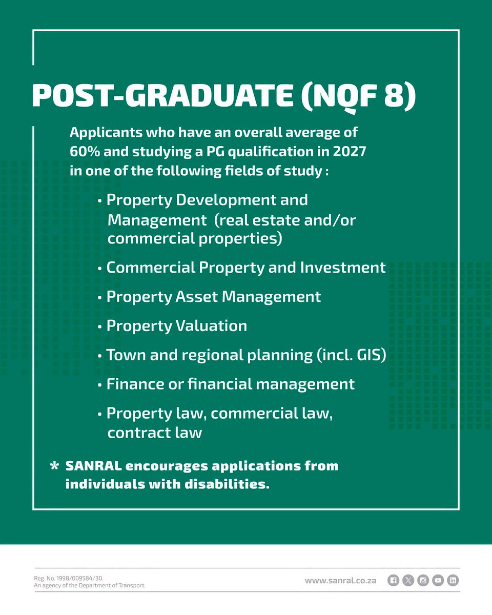 NYDARSA's tweet photo. TAKEOFF TUESDAY

Your 2027 journey starts with the right opportunity! If you’re preparing to enter higher education next year, the SANRAL Bursary Programme could be the opportunity that helps turn your academic goals into a career pathway.

Swipe through the carousel to discover the eligibility requirements, qualifying fields of study and important information you need to know before applying.

Don’t wait until the deadline starts preparing your application today!

🔗 Apply here: https://t.co/ozC0fxaFX9

Applications close: 30 September 2026

#SANRAL #SANRALBursary #Bursary2027 #HigherEducation #EducationMatters #FutureProfessionals #CareerDevelopment #YouthOpportunities