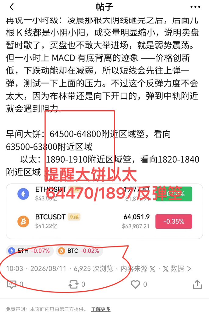 lbz7354's tweet photo. 上午明确给出：
🔸 BTC 64500-64800区域空，目标63500-63800
🔸 ETH 1890-1910区域空，目标1820-1840

盘面怎么走的？
大饼：64770--63420   区间波动1350点
以太：1897--1852  区间波动45个点

点位卡到个位，方向给到明确，这不是蒙的，是盘面读出来的。
今晚袋袋平安。
晚间思路持续更新 https://t.co/cfC3cnIKxZ