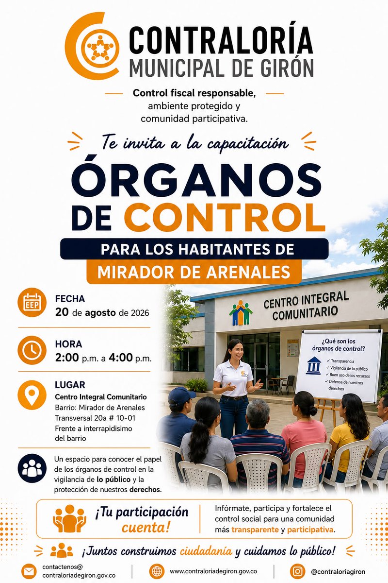 ContraloriaGrn's tweet photo. Desde la Contraloría de Girón, en cumplimiento de nuestro compromiso con un control fiscal responsable, un ambiente protegido y una comunidad participativa, extendemos una cordial invitación.
#Girón #ContraloríaGirón #ControlSocial #ParticipaciónCiudadana #CuidamosLoPúblico https://t.co/nEBOrvk31Q