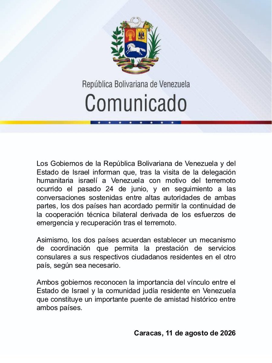 OrlvndoA's tweet photo. #URGENTE | El régimen de Delcy Rodríguez acuerda el restablecimiento de relaciones diplomáticas con el Estado de Israel. https://t.co/lYZWKXBHc1