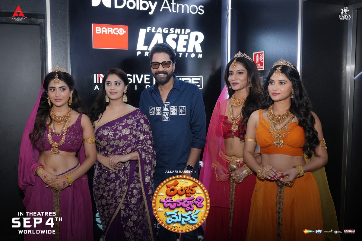 AnantapurCinema's tweet photo. Lovely clicks from the grand #RambhaOorvasiMenaka Teaser launch Event 🔥✨

IN CINEMAS SEPTEMBER 4th, 2026 😀

#AllariNaresh #Surbhi #RashiReal #VishnuPriya #PrishaSingh https://t.co/hZC2AXveoe