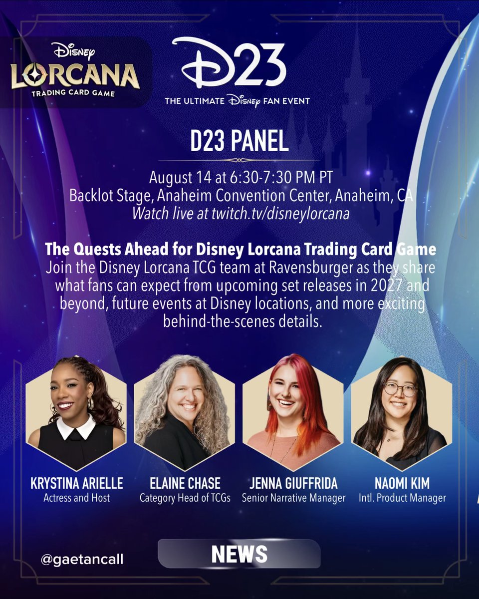 GaetanCall's tweet photo. 🚨 NEWS | DISNEY LORCANA | The Quests Ahead for Disney Lorcana TCG | D23 PANEL

🗓️ August 14 at 6:30 PM PT

📍 Backlot Stage

📺 Watch live at https://t.co/uJWfiR1xDs

#lorcana #d23 #disneylorcana https://t.co/4lynHMD8mo