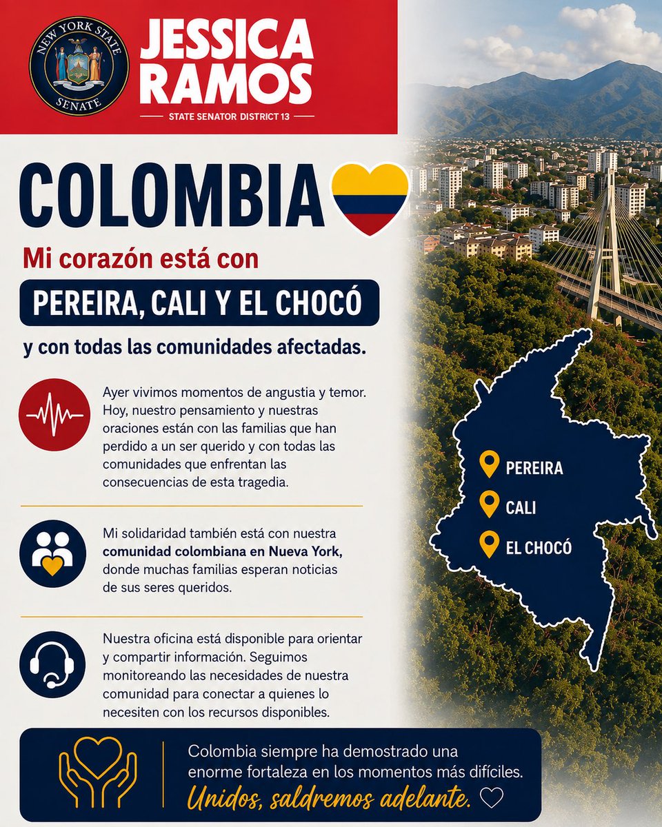 jessicaramosqns's tweet photo. Desde Pereira, sigo de cerca la situación y acompañando con el corazón a las familias y comunidades afectadas. 🇨🇴

Mientras estoy en Colombia, mi equipo en Queens está disponible para apoyar a nuestra comunidad colombiana en Nueva York, brindar orientación, compartir información y ayudar a conectar a las familias con los recursos disponibles.

En momentos como este, la distancia no nos separa. Seguimos unidos por Colombia. ❤️💛💙