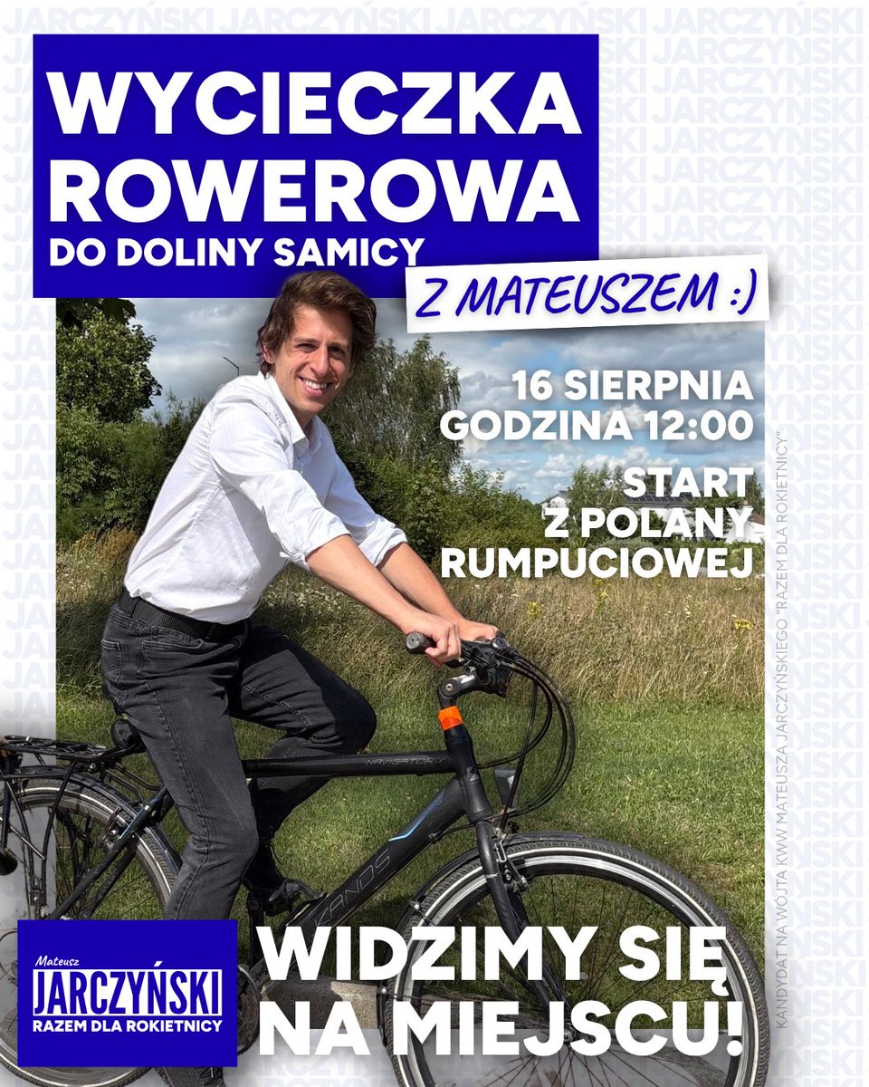 MatJarczynski's tweet photo. 🚲 16 sierpnia (niedziela)
⏰ 12:00
📍 Start: Polana Rumpuciowa
🌳 Cel: Dolina Samicy

Wskakujcie na rowery i widzimy się na miejscu!

KWW Mateusza Jarczyńskiego "Razem dla Rokietnicy" https://t.co/LL6NCGJKTp