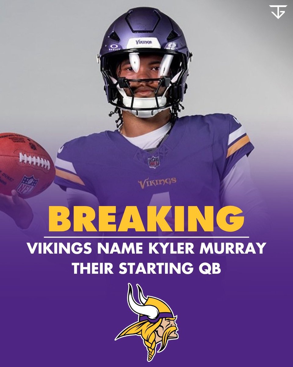 flaccodicaprio's tweet photo. The Minnesota #Vikings have named Kyler Murray their starting QB for the 2026 NFL season, per @adamschefter. QB JJ McCarthy will be the backup. 

Murray will start the Vikings’ week 1 game against their divisional rival, the Green Bay #Packers. https://t.co/YfZ9D5KyA5