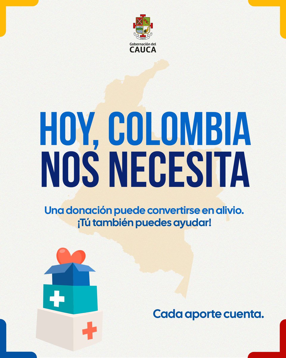 GobCauca's tweet photo. ¡Hoy el Cauca y Colombia nos necesitan!

Nos unimos para apoyar a cientos de familias damnificadas. Súmate a esta iniciativa, tu donación puede hacer la diferencia.

Acércate a la Casa de la Moneda en Popayán y haz tu aporte, te esperamos.

#LaFuerzaDelPueblo
#CaucaSolidario https://t.co/8puHKnKNWN