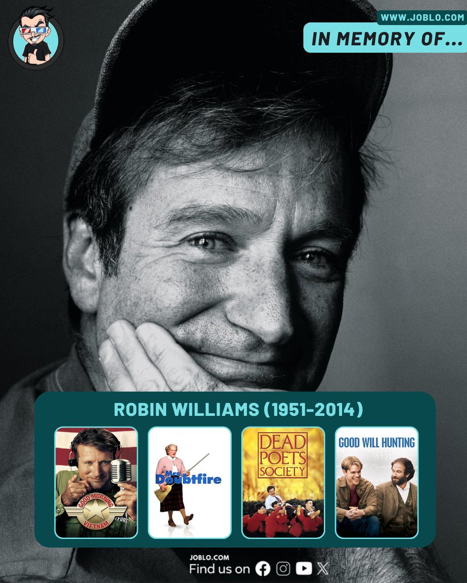 joblocom's tweet photo. Today we take a moment to remember the life and work of Robin Williams 🕊🎥 
 #RobinWilliams #ComedyGenius #DeadPoetsSociety #MrsDoubtfire #GoodWillHunting #Aladdin https://t.co/SbZKgqsJlx