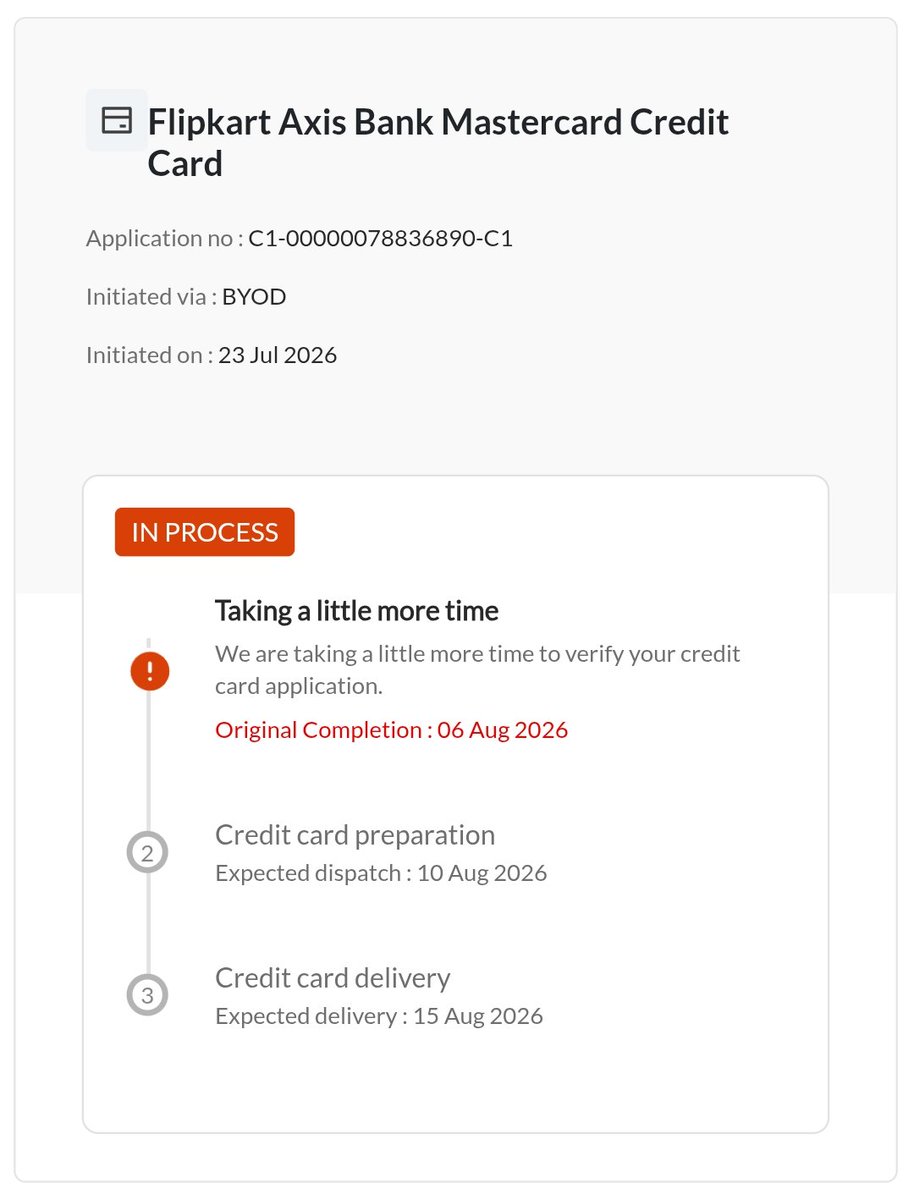 rishdivyakumar's tweet photo. My Flipkart Axis Bank Mastercard Credit Card application (Application No. C1-00000078836890-C1) submitted on 25 July 2026 is still showing as “Under Progress”, despite the original completion date being 6 August 2026.

@AxisBankSupport https://t.co/YFnbd4c87V