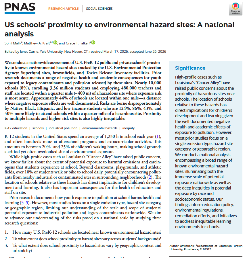MatthewAKraft's tweet photo. The #SustainableED team's first publication is out in @PNASNews.

We document the scale of potential pollutant &amp; carcinogen exposure across US K12 schools.

8% of all schools are within a few blocks of EPA registered hazard sites.

Exposure risk is highly inequitable.

🧵 https://t.co/CL1EliECl8