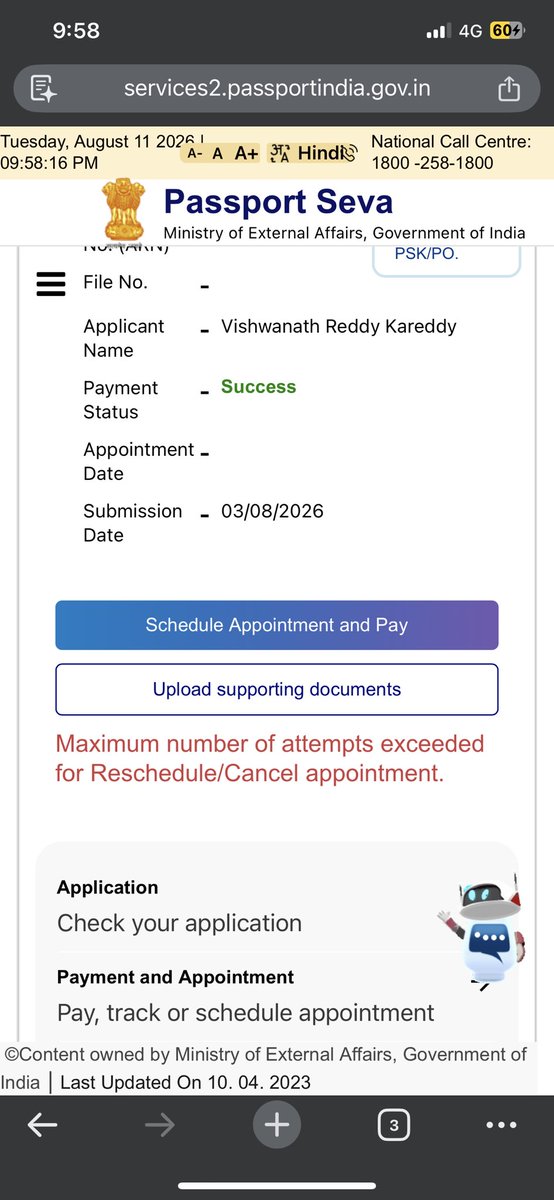 Vishureddyy's tweet photo. @rpohyderabad @passportsevamea 
I urgently need my PCC for my student visa.I visited PSK MGBS today but due to the server outage my appointment could not be processed. Now rescheduling is blocked with Maximum number of attempts exceeded.Kindly help me get an appointment urgently. https://t.co/xjMn7C4pJM