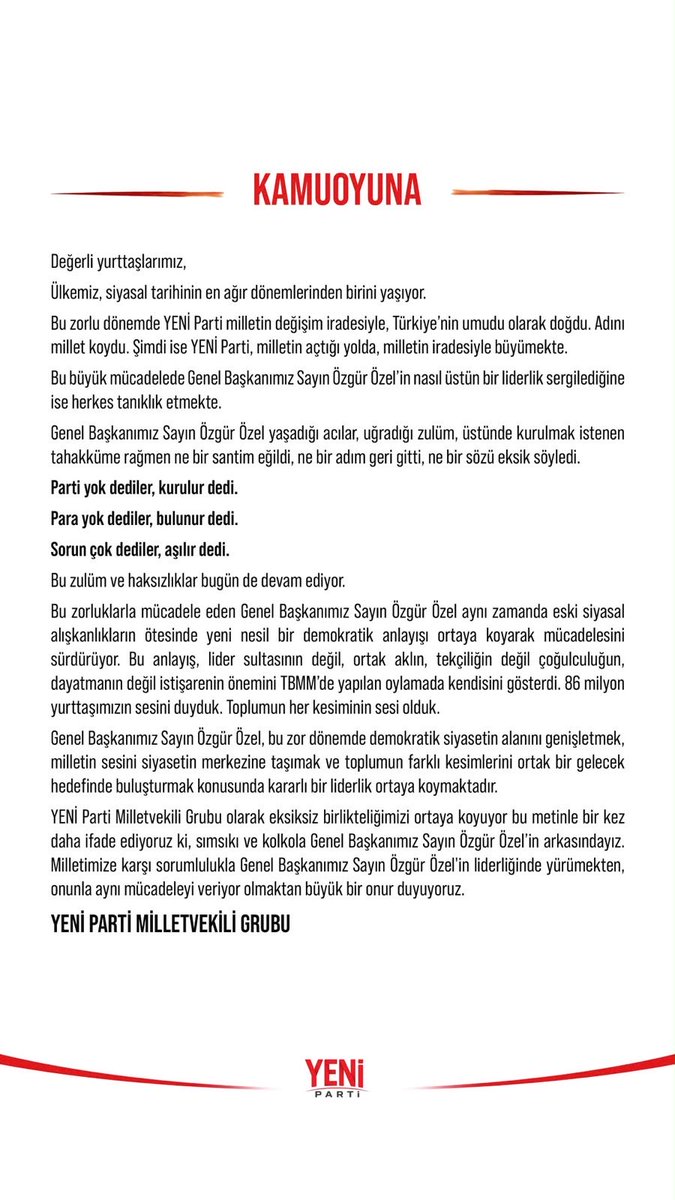 MTanal's tweet photo. YENİ Parti Milletvekilleri olarak ortak açıklamamızdır.

“Partimizde birlik içinde, liderimiz Özgür Özel’in yanındayız.”

#ÖzgürÖzelleOmuzOmuza
#YENİPartiyleİktidara https://t.co/BQmvgxbESx