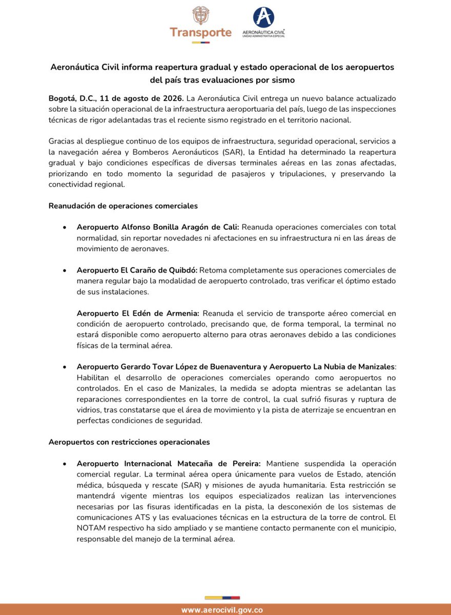 AerocivilCol's tweet photo. #Actualización l Informamos sobre el estado actual de aeropuertos en Colombia: https://t.co/AFrV9xM2hC