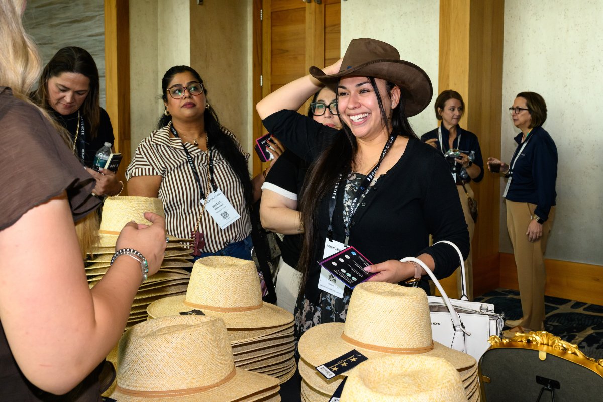 Realpage's tweet photo. A little personal style, a lot of #RealWorld2026 energy. 🤠 Attendees are stopping by the Hat Bar at RealEXPO to customize their own hats and take home a unique conference souvenir. https://t.co/7udEcNVaLX