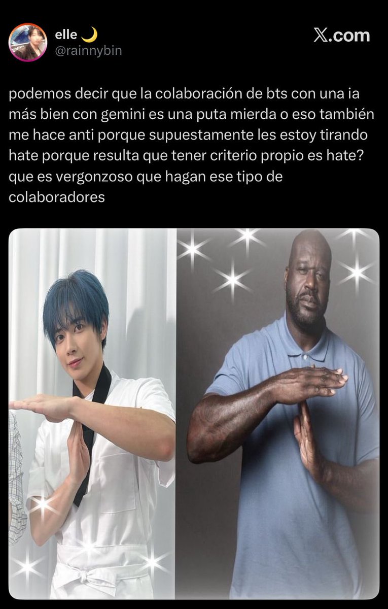 thveard's tweet photo. tienen que dejar de proyectarse full, de verdad son ridículas. ok, no te gusta la IA por X razón, perfecto, pero los chicos ya dejaron claro que no apoyan el mal uso de la IA y ahora están haciendo una colaboración con Gemini. aprendan a distinguir entre el uso de una herramienta, el abuso de esta y el contexto en el que se está utilizando.

ustedes ya están “opinando” sin poner atención, sin entender el contexto y construyendo unas narrativas que dios mío. la IA está en todos lados, les guste o no. que exista gente que haga un mal uso de ella no significa que la herramienta no pueda ser útil ni que todo uso de IA sea automáticamente algo malo. si de verdad les preocupa el tema, mejor hagan publicaciones sobre cómo debería utilizarse de manera responsable en lugar de reducir todo a “BTS malos, quieren dañar al mundo”, porque entonces tampoco parece que les interese realmente el problema

no todo lo relacionado con IA significa automáticamente explotación, reemplazo de artistas o algo que vaya en contra de lo que ellos mismos han dicho. vean la colaboración desde lo que realmente se está promocionando: EL BUEN USO!! y no desde una película que ustedes mismas se montaron. existe un mundo real fuera de su burbuja y las cosas no son tan blanco o negro como quieren hacerlas ver. toquen pasto y dejen de proyectar sus propias opiniones sobre los chicos