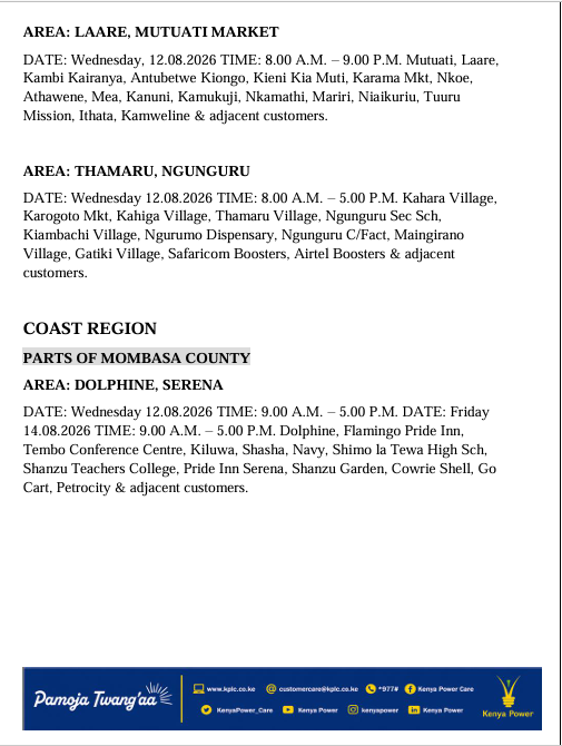 KenyaPower_Care's tweet photo. Good evening. The listed areas will be under planned power maintenance tomorrow (12th August, 2026). We regret any inconvenience that may be caused during the operations. For the advance notice, use https://t.co/luPQOypzec. To access the latest schedule, check under the most recent date. ^MW