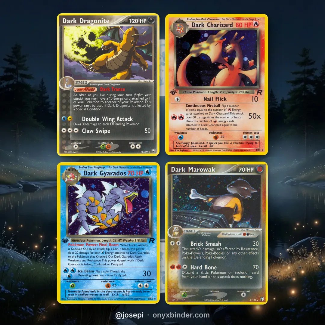 OnyxBinder's tweet photo. Original Team Rocket vs EX Team Rocket Returns

Which era of Dark Pokémon hits harder for you? https://t.co/di90YYHtJX