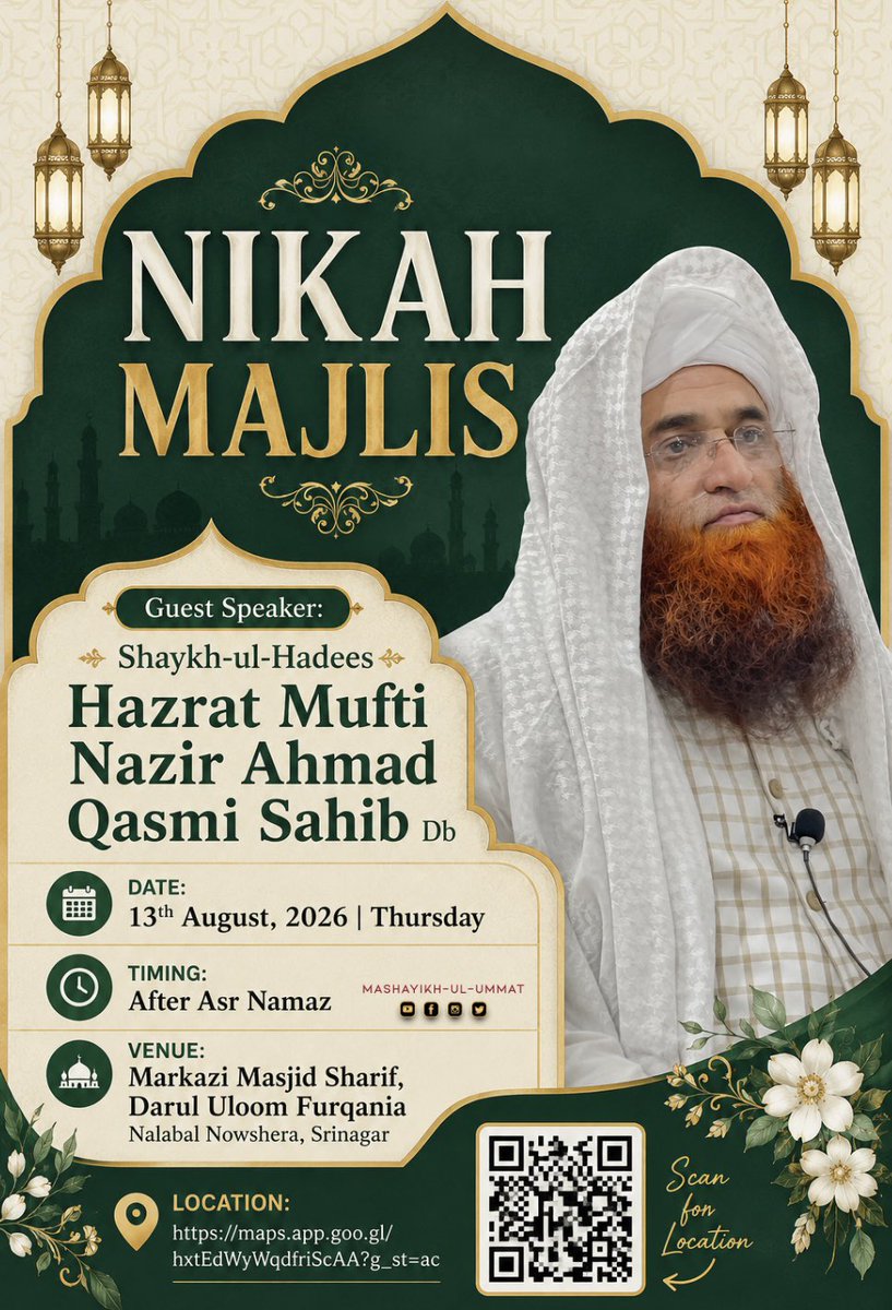 MashayikhU's tweet photo. Nikah Majlis at Markazi Masjid Sharif Nalabal NowShera Sgr on 13th Aug 2026 After Asr Namaz https://t.co/A9Nz25MkXU