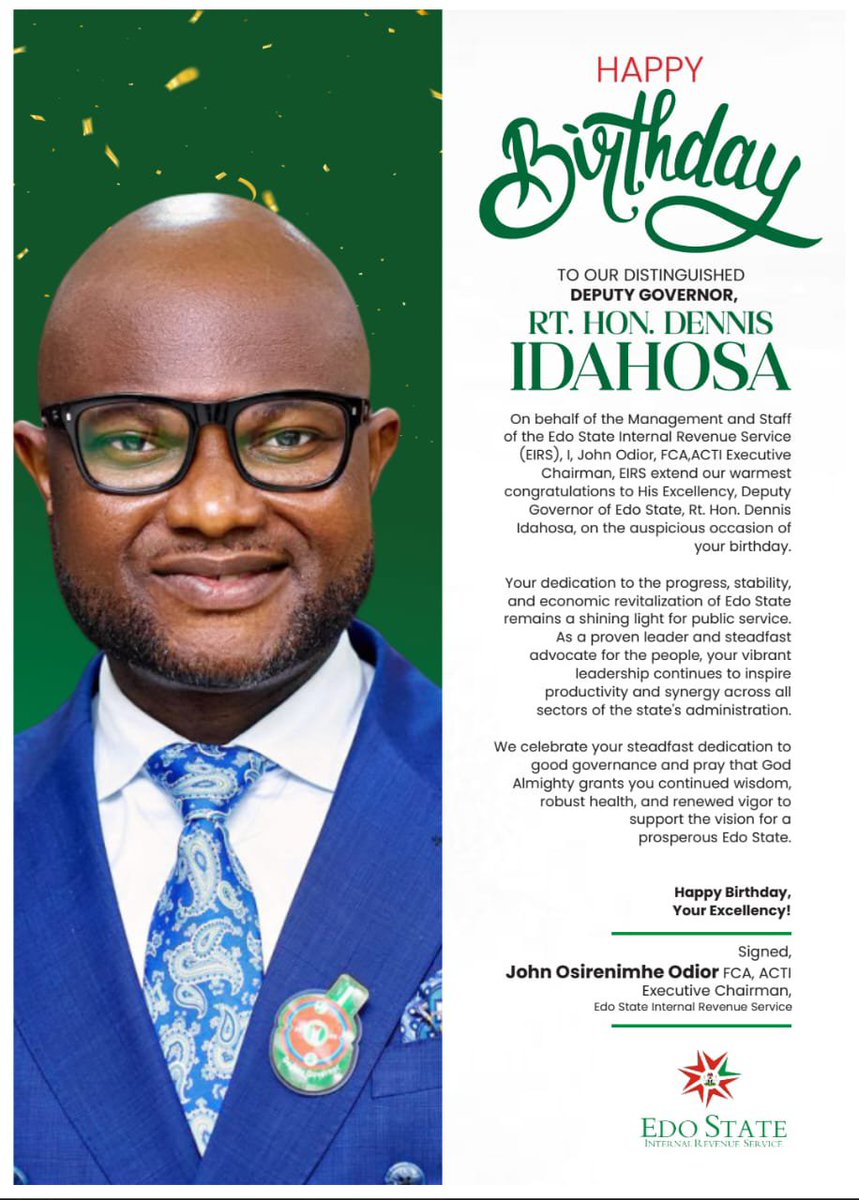 edostateirs's tweet photo. Happy 46th Birthday Anniversary to His Excellency, Rt. Hon. Dennis Idahosa, Deputy Governor, Edo State. 

Congratulations!🥂 https://t.co/vHt4xAro27