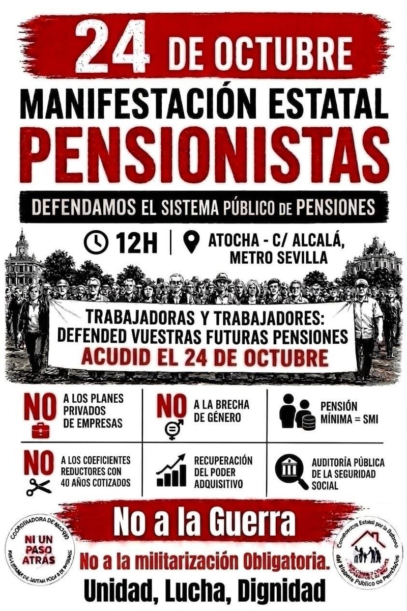 PensCompostela's tweet photo. Se iniciará a las 12 H y discurrirá por el centro de Madrid, con un recorrido que partirá desde la estación de Atocha hasta finalizar en la emblemática plaza de la Puerta del Sol.
Piden igualar la pensión mínima al SMI, auditar la Seguridad Social y acabar con la brecha de género https://t.co/Ygwnyahx3z