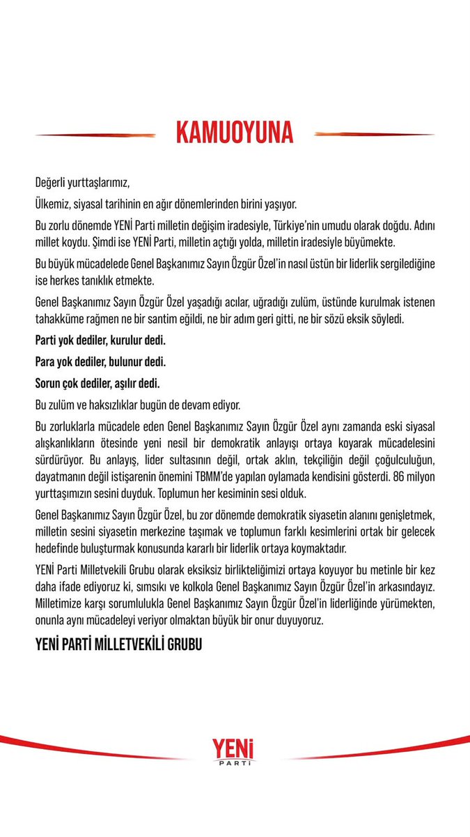 muratemir_dr's tweet photo. Birlikte çıktığımız bu yolda Genel Başkanımız Sayın Özgür Özel’in yanındayız. 

Liderliğine, mücadelesine ve Türkiye’nin geleceği için ortaya koyduğu demokratik siyaset anlayışına güveniyoruz. 

YENİ Parti Milletvekili Grubu olarak birlik ve dayanışma içinde, yolumuza kararlılıkla devam ediyoruz.