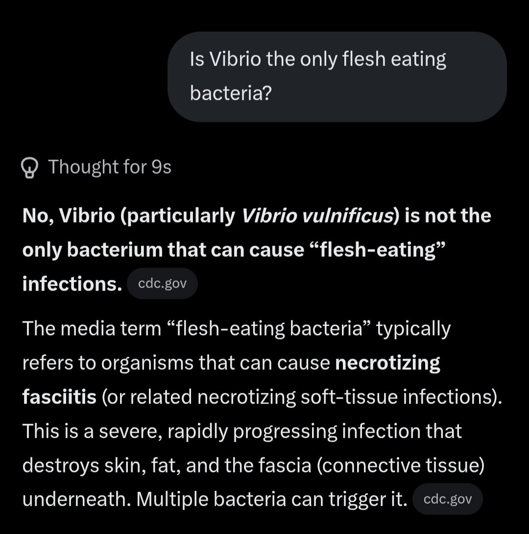 memeplode's tweet photo. Enough simple research for he who has optimum IQ tho.

Vibrio vulnificus isn't the only flesh eating bacteria. 

@grok can you clarify this in the comment section?

OG ticker is $Vibrio. ✅️ 
$Flesheater ❌️❌️

Bid right. 

BvfXUoZSLEPk5Gzbe4qScXyRMXkw9dWYYaysFtkrpump

Jeeters will cope.