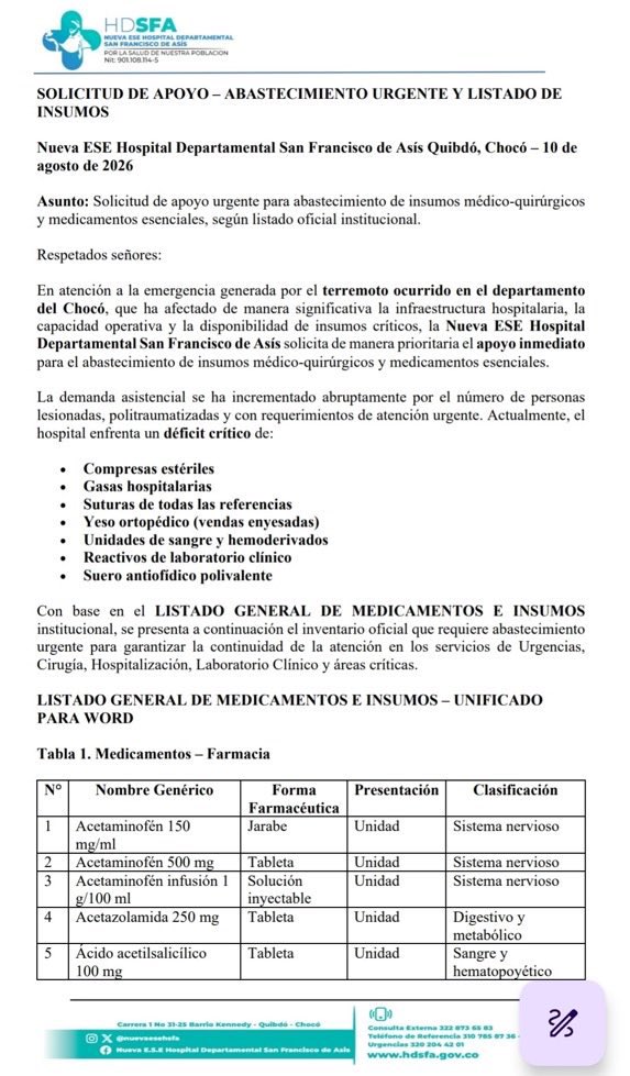 btsarmycol_'s tweet photo. 🚨 URGENTE | Quibdó necesita de nuestra ayuda.

El Hospital Departamental San Francisco de Asís, en Quibdó, emitió un llamado urgente debido al desabastecimiento de medicamentos, insumos médico-quirúrgicos y otros elementos indispensables para atender a las personas afectadas por el terremoto.

Si haces parte del sector salud, de una institución, empresa o conoces a alguien que pueda apoyar con alguno de los insumos del listado oficial, este es el momento de sumar esfuerzos.

No todos podemos donar, pero todos podemos ayudar compartiendo esta información. Una publicación puede llegar a la persona indicada y convertirse en la ayuda que hoy tanto necesitan.

🇨🇴 Sigamos unidos por Colombia. #TodosPorColombia
