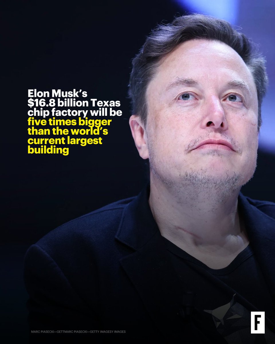 FortuneMagazine's tweet photo. SpaceX and Tesla are building Terafab, a 100-million-square-foot semiconductor manufacturing facility in Grimes County, Texas, more than five times the size of the world’s largest building. https://t.co/2ZAZLRJZoN https://t.co/B7MeGcHaTW