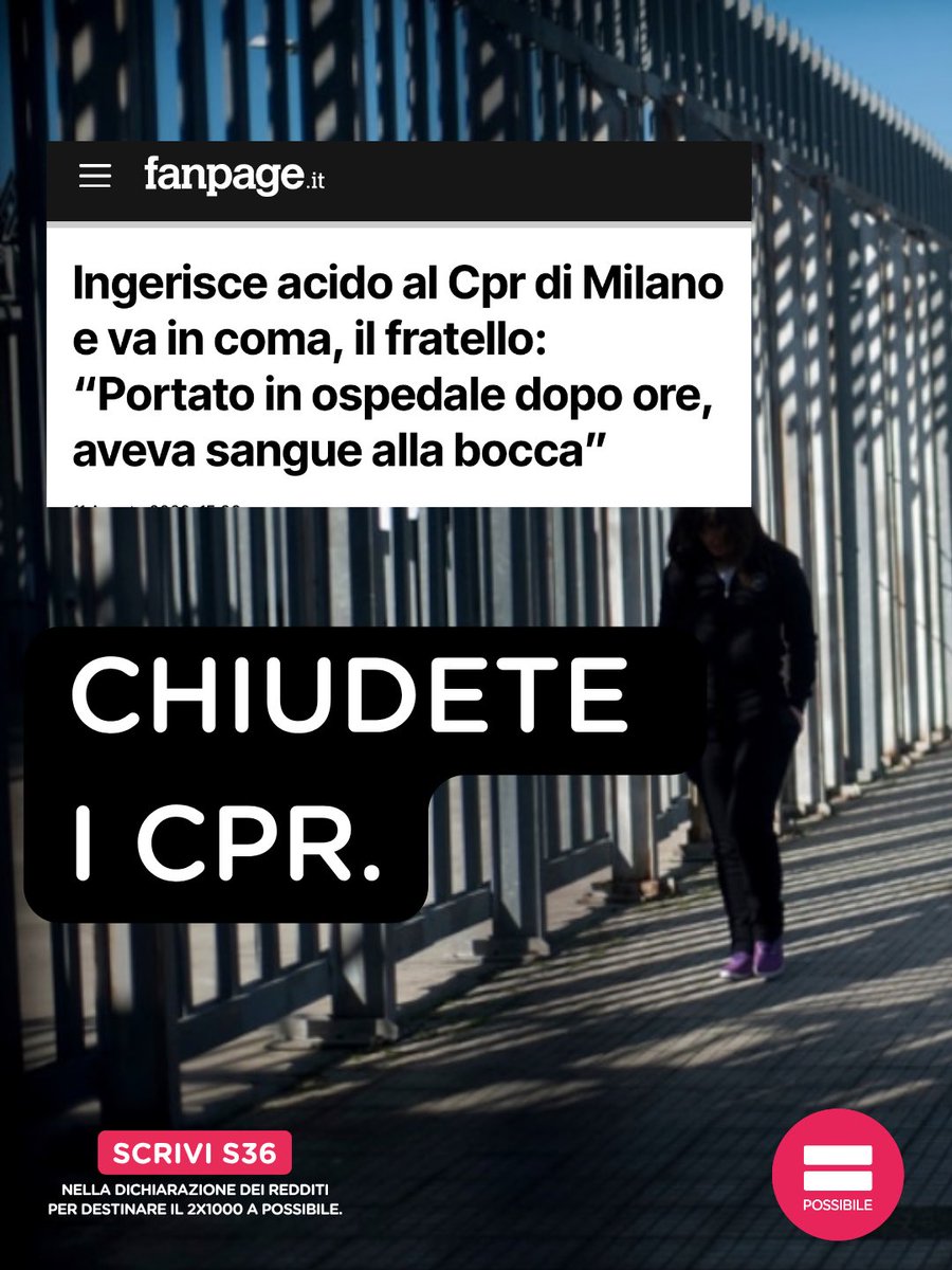 PossibileIt's tweet photo. Mouchine Ettabouti, detenuto nel CPR di Milano, è attualmente ricoverato - in coma - dopo aver ingerito un prodotto contenente acido cloridrico.

Ribadiamo con forza che i CPR sono la prova costante di un fallimento istituzionale inaccettabile. Vanno chiusi. https://t.co/aFYJxJKSXV